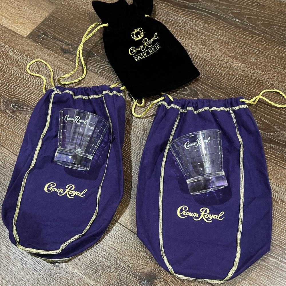 Crown royal glass with 3 Crown Royal Purple and black Drawstring pouches